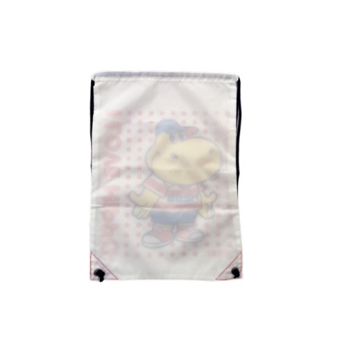 A promotional nylon drawstring backpack with printed logo, ideal for sports activities